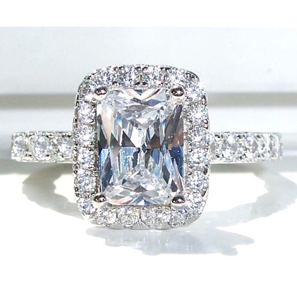 925 STERLING SILVER Radiant Cut Clear Cubic Zirconia Halo Ring - Picture 3 of 16